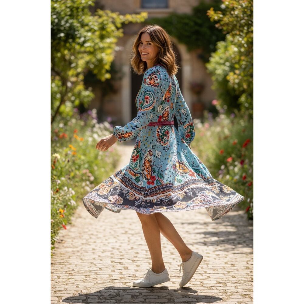 Akemi+ Kin Anthropologie Blue Fit & Flare Boho Beaded V-Neck Dress Womens SZ 8 - Picture 2 of 16